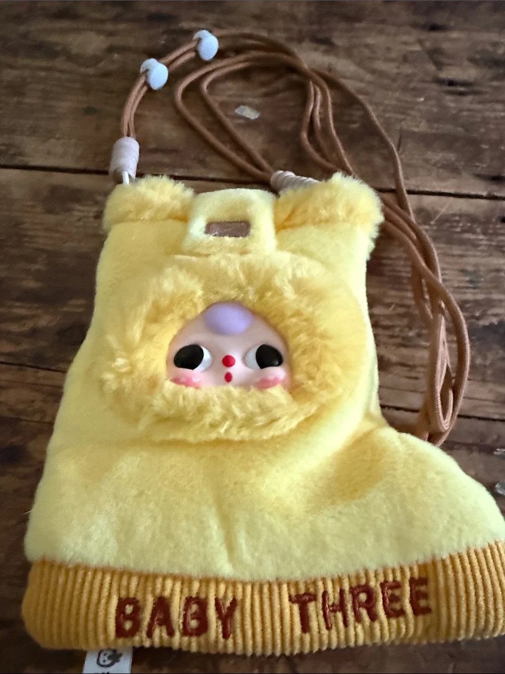 Kids Plush Yellow 'Baby Three' Crossbody Bag with Character Face